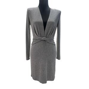 Zara Metallic Silver Deep V Knot Dress Women M Long Sleeve Bodycon Mini